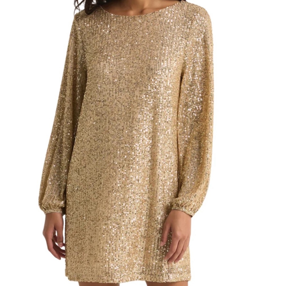 Z Supply Gold Sequin Sheath Dress with Bishop Sleeves